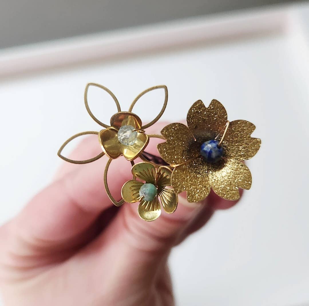 Sara Sela Jewelry - Wholesale Hair Pin - Brass Flower and Aquamarine, Turquoise and Lapis Hairpins3