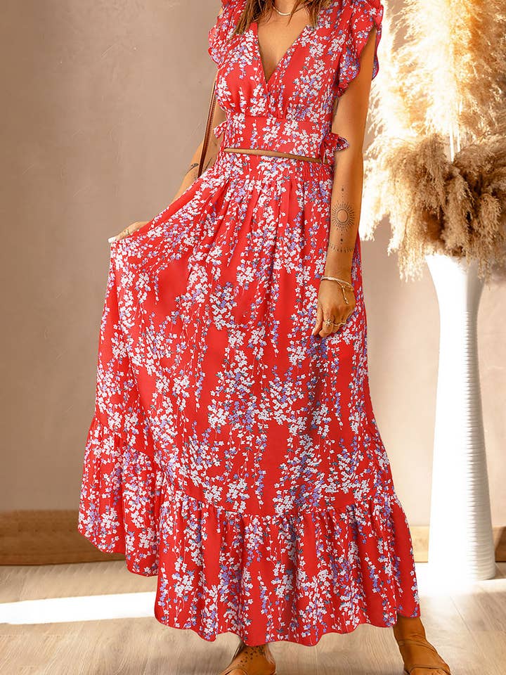 FULL TIME PURCHASE - Wholesale Top & Skirt Set - Women's - Floral Ruffled Crop Top and Maxi Skirt Set