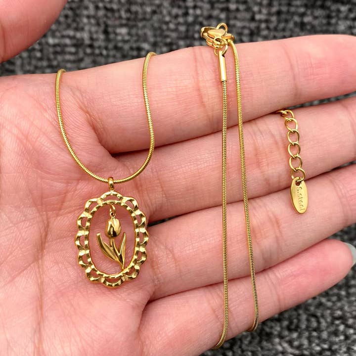 Hollow Flower Charm 18K Gold Plated S.Steel Necklace - FGS for wholesale by Mio Queena