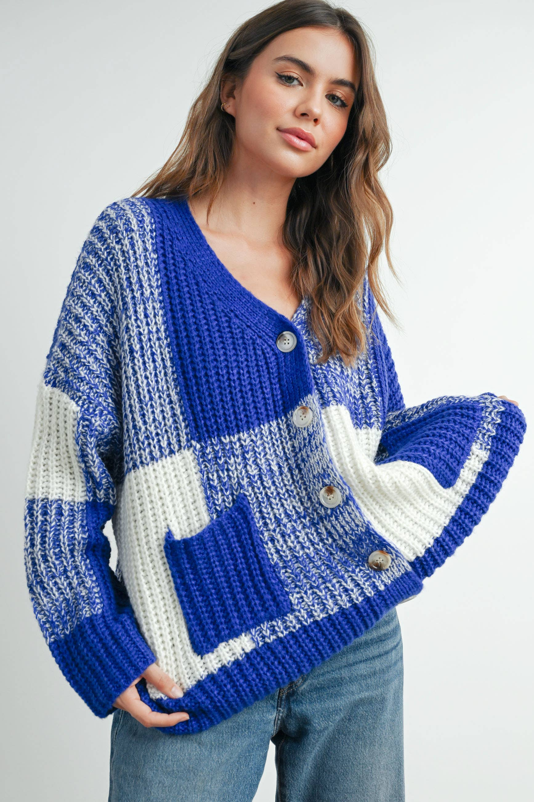 BUTTERMELON - Vendita all'ingrosso Cardigan - Donna - Cardigan oversize a quadretti con spalla scesa - BMC760715