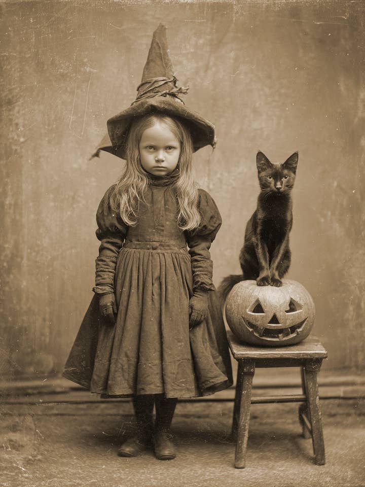 Vintageflicka Katt & Pumpa Stilleben Halloween Konsttryck - för wholesale av Mowbi