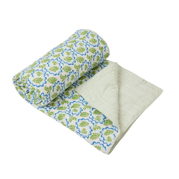 Lucie Bed Quilt, Spring Green/Cobalt for wholesale by MAISON POIRE
