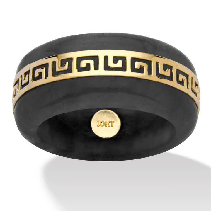 Genuine Black Jade "Greek Key" Ring in Solid 10k Yellow Gold for wholesale by PalmBeach Jewelry