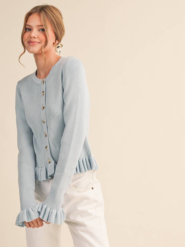 &MERCI - Wholesale Cardigan - Women's - RUFFLE HEM RIBBED KNIT SWEATER CARDIGAN MSW112493