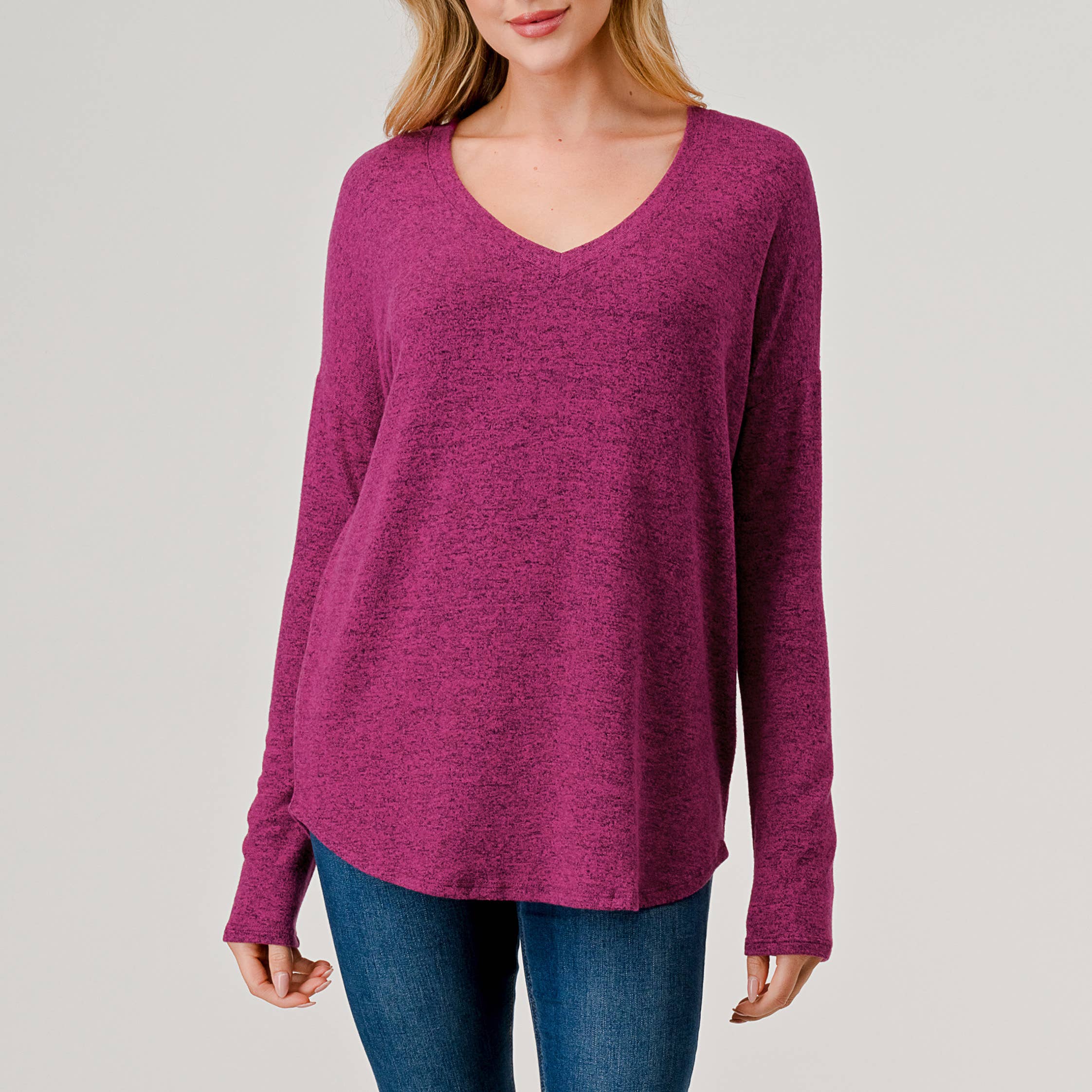 Heimious - Wholesale Knit Top - Women's - Long Sleeve V-neck Brushed Knit Top, 27388