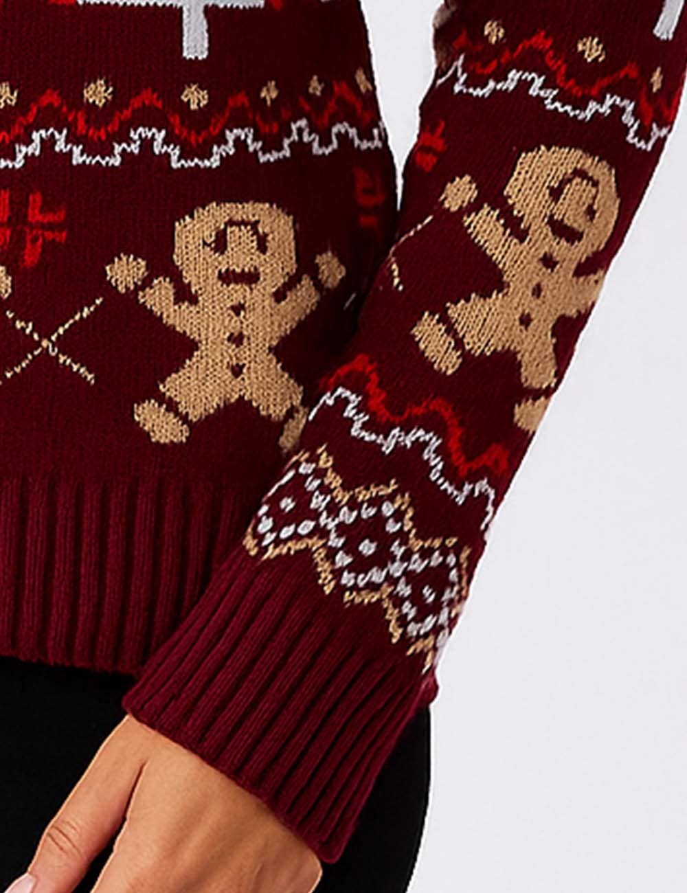 Burgundy Ladies Multi Color Christmas Jacquard Pattern Pullover Sweater for wholesale on Faire1