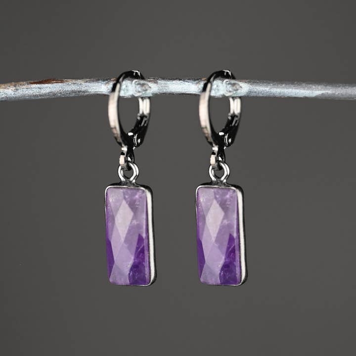 Huggie with Rectangle Semi Precious Earrings (Gunmetal) for wholesale by KBD Studio