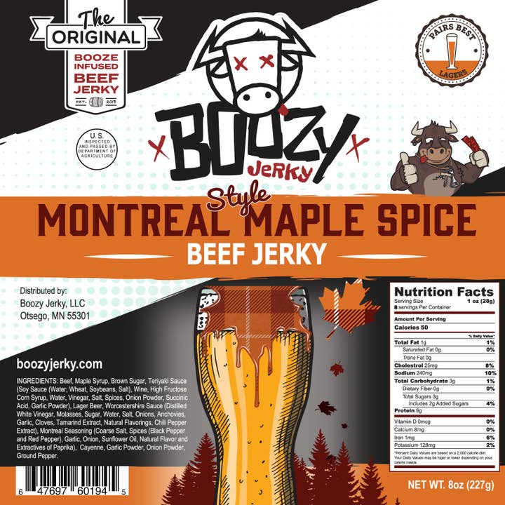 Boozy Jerky - Wholesale Beef - Montreal Maple Spice Lager Jerky Large 8oz "Growler Bag"