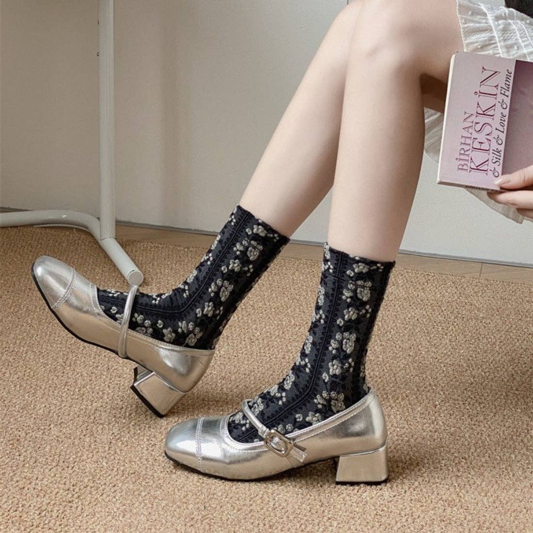 Funkyrel® Atzbranding Limited - Vente Chaussettes – femme - Rufia - Chaussettes mi-mollet style cour vintage à motif floral6