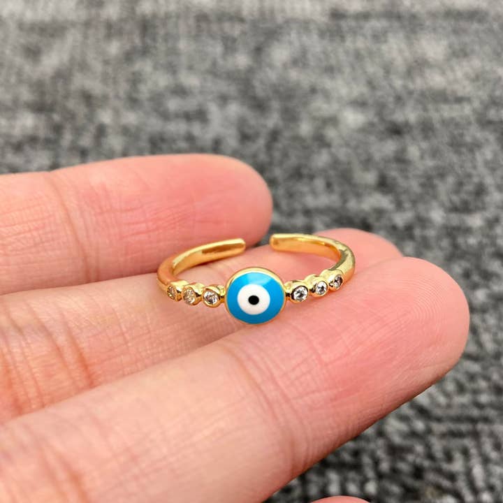 Mio Queena - Wholesale Cocktail/Statement Ring - Enamel Rhinestone Turkey Eye Evil Eye Golden Adjustable Rings12