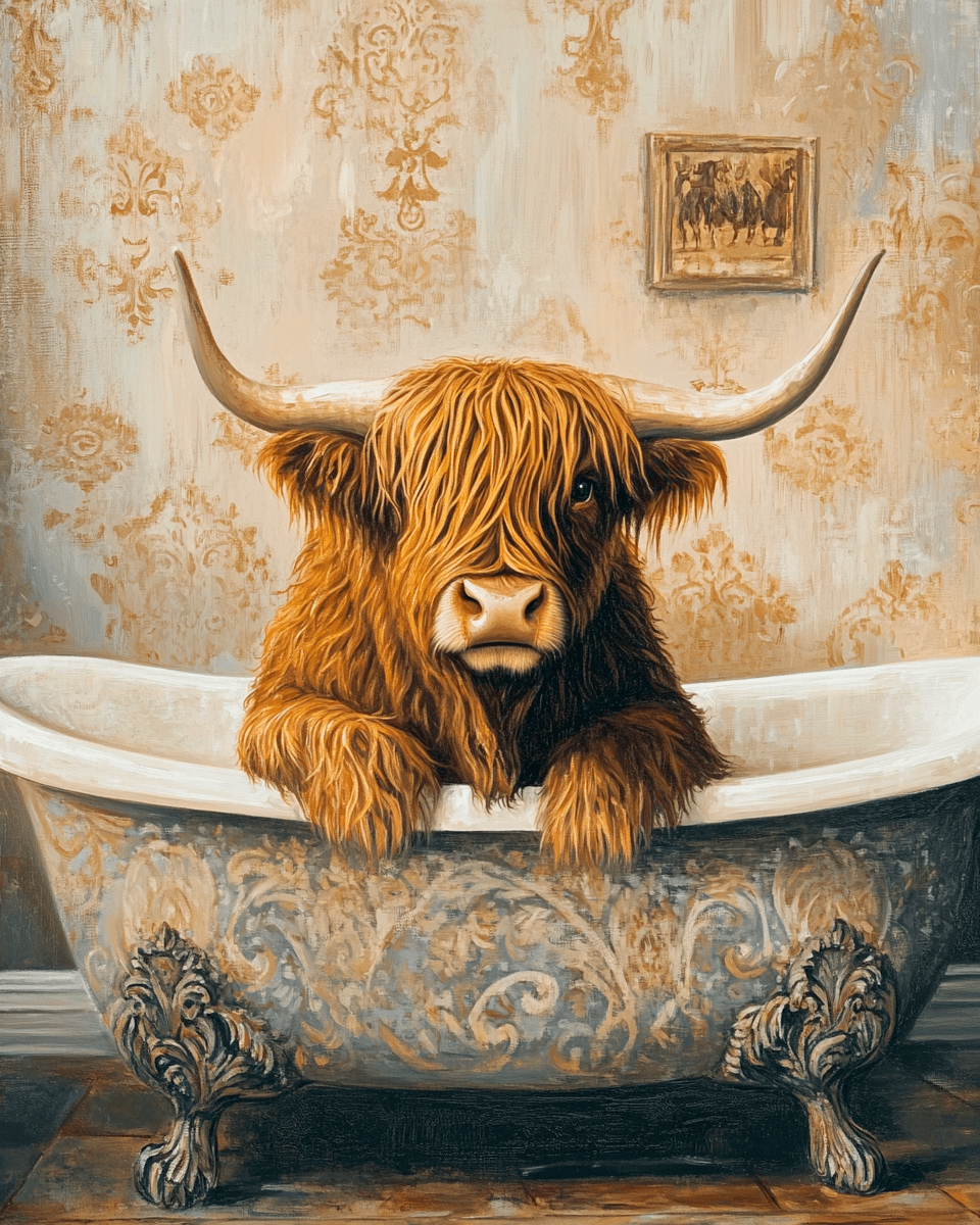 Mowbi - Vente Affiche d'art - Vache Highland dans la baignoire - Impressions d'art mural pour salle de bain – Œuvre 8″x10″ pour cadre 11″x14″0