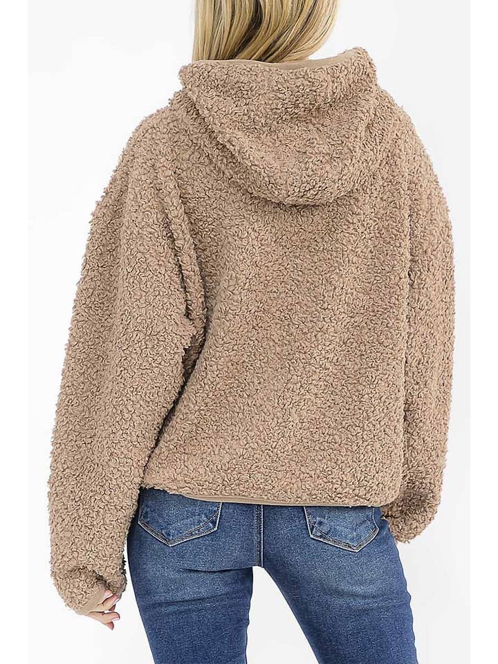 ROUSSEAU - Wholesale Jacket - Women's - SOLID SHERPA HOODED ZIP UP POCKET FRONT JACKET22