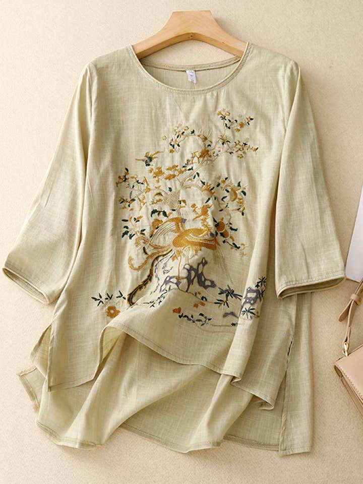 Whisper Mint - Wholesale Blouse - Women's - Retro literary tops Loose embroidered ramie shirt women5