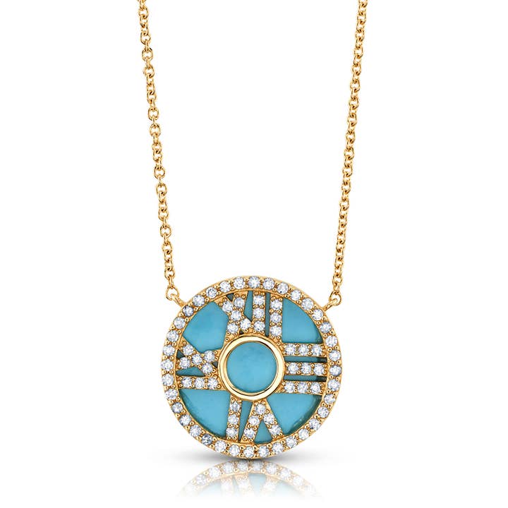 TURQUOISE & DIAMOND ROMAN NUMERAL NECKLACE, 14kt Gold for wholesale by JEN HANSEN