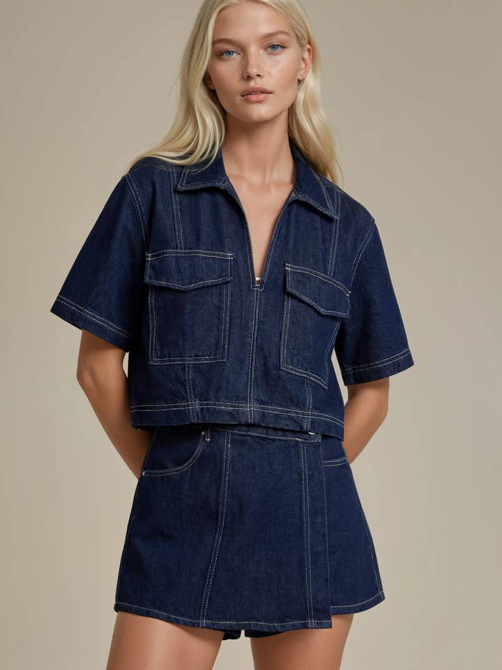 CROPPED DENIM TOP W1595TIA DARK DEN for wholesale by WISTERIA LANE