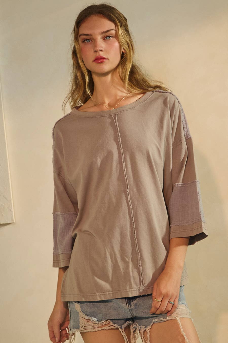 Oddi - Wholesale Blouse - Women's - Acid Washed Mixed Fabric Pullover Top9