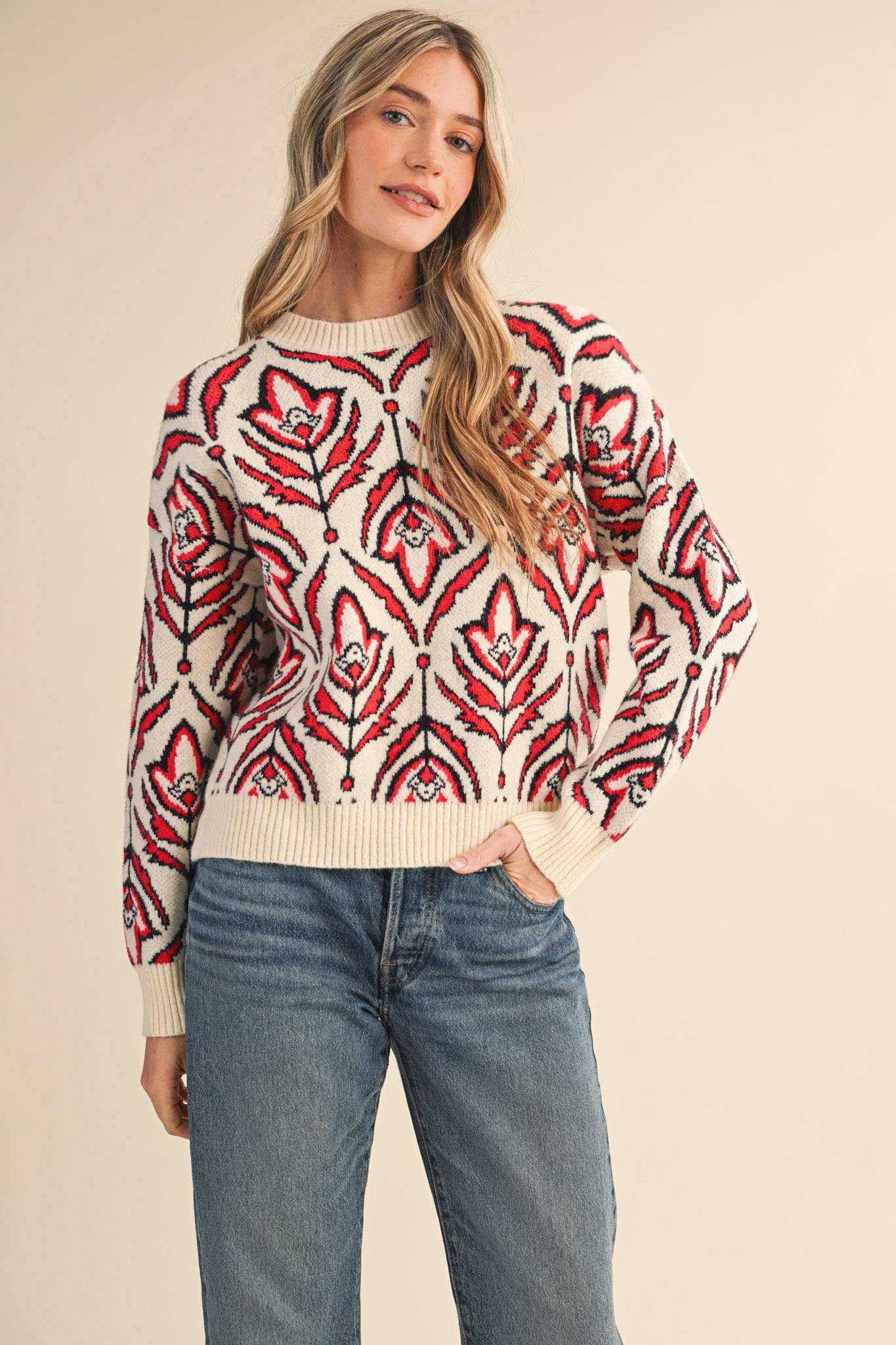 &MERCI - Wholesale Knit Sweater - Women's - FLORAL PATTERN KNIT SWEATER MSW110958