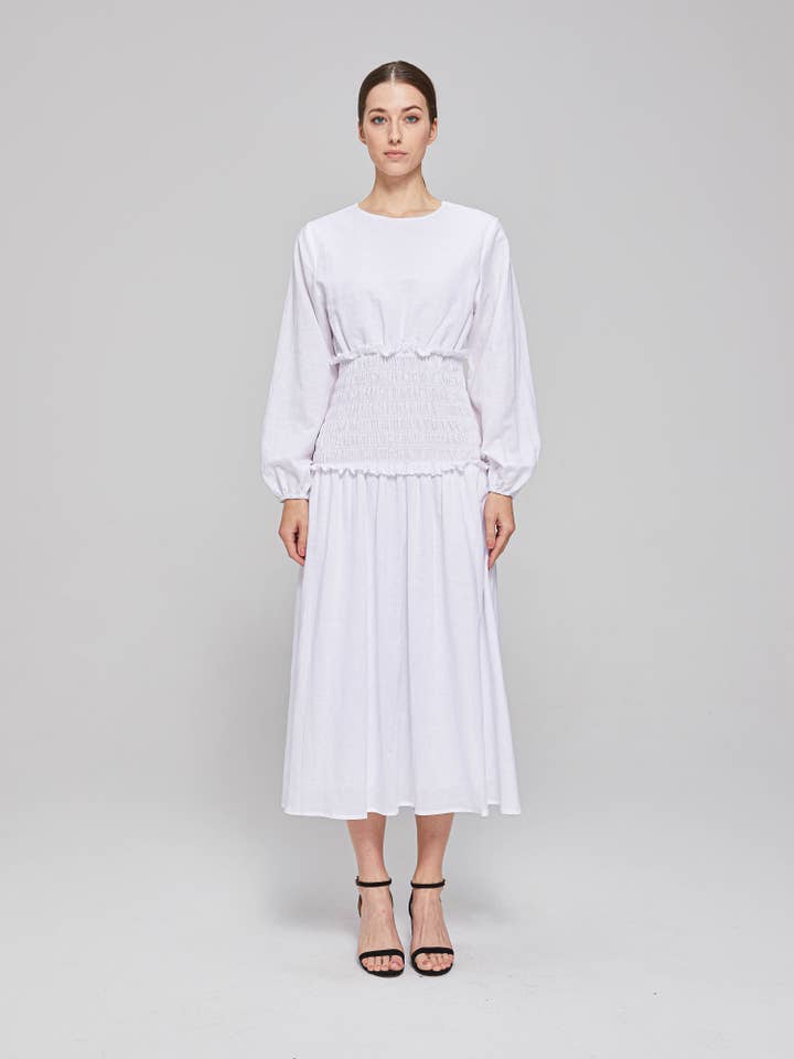Divinity Shirred Midi Dress - White for wholesale on Faire1