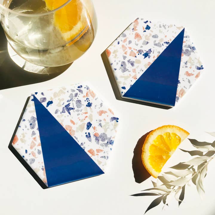 Blue Neutrals Terrazzo Style Hexagon Coasters for wholesale by The Abstract Bee