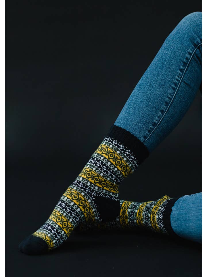 Panache Apparel Co. - Wholesale Socks - Women's - Dk Navy, Yellow & Olive Pattern Socks