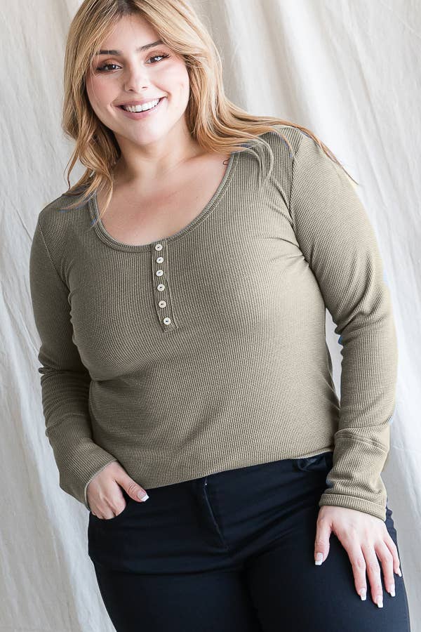 7th Ray - Wholesale Knit Top - Women's - [PLUS SIZE] Thermal Button Front Scoop Neck Top T4316XL16