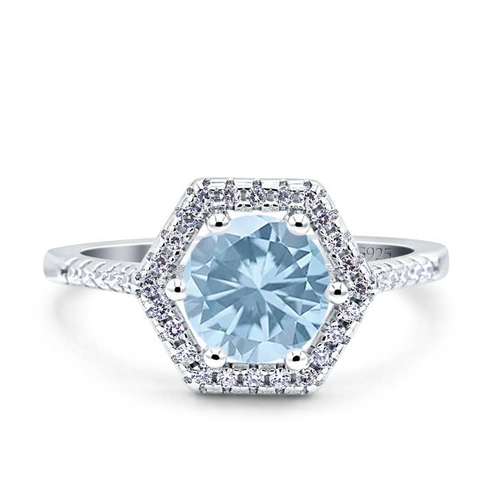 Art Deco Hexagon Round Simulated Aquamarine CZ Wedding Bridal Ring for wholesale by Blue Apple Imports