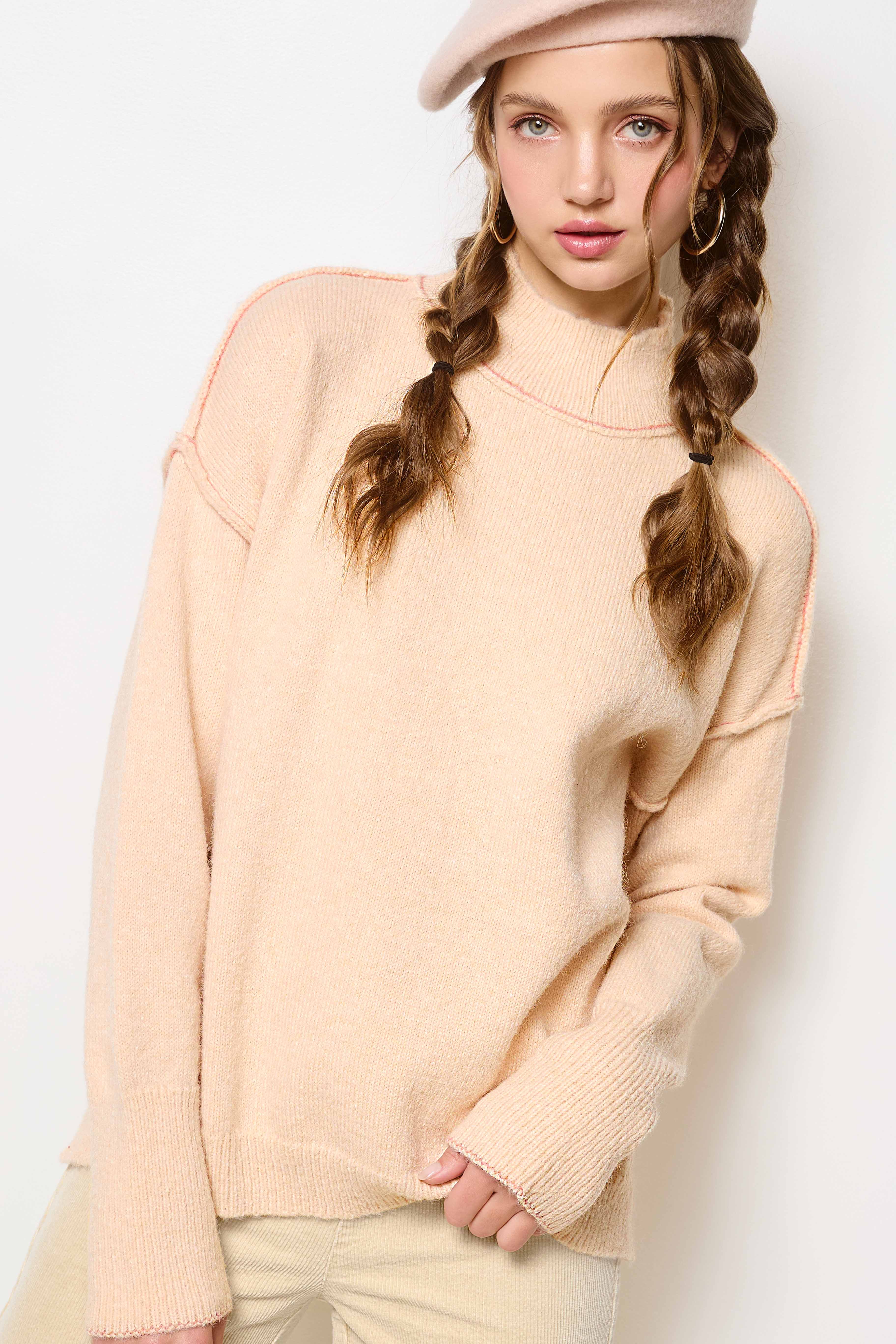 La Miel - Wholesale Knit Sweater - Women's - MCS3566-Loose Fit Mock Neck Exposed Seaming Detailed Sweater34