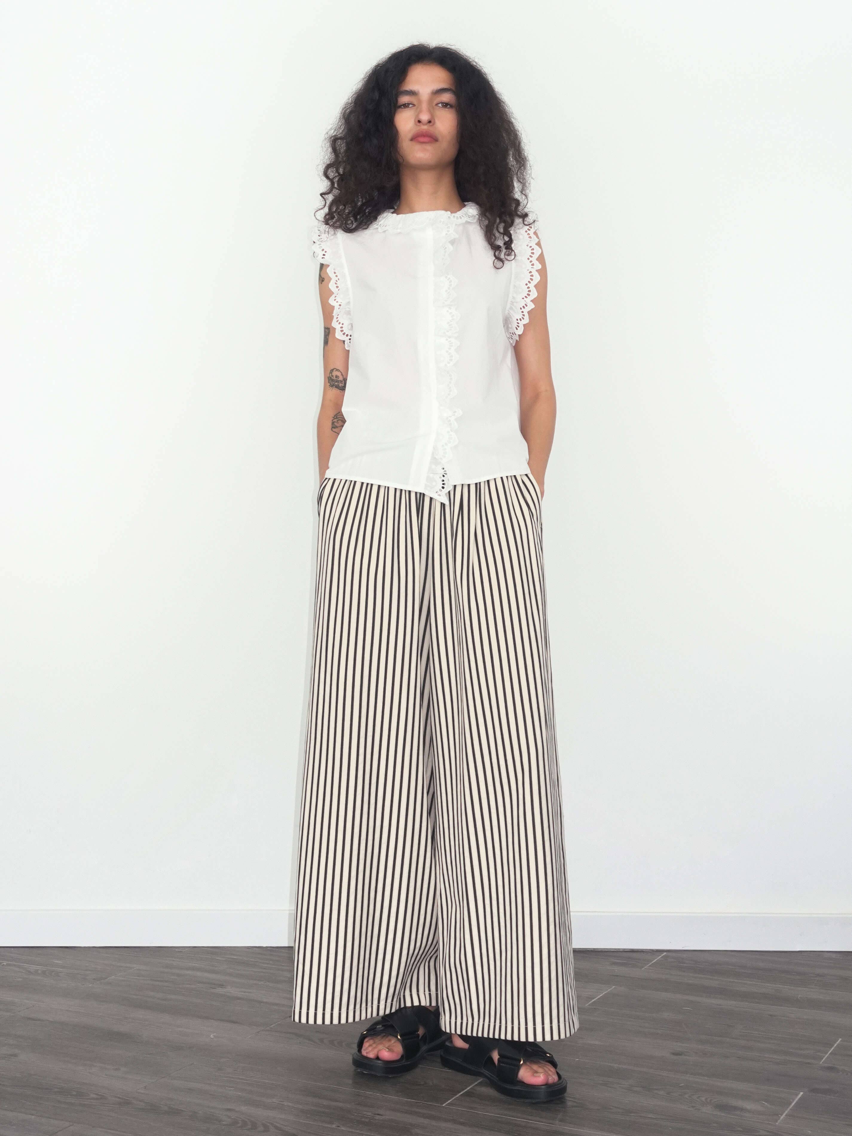 Beige Elastic Waist Striped Straight Trousers for wholesale on Faire1