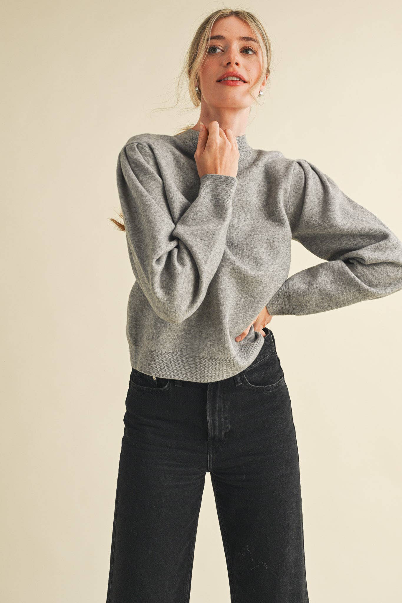 &MERCI - Wholesale Knit Sweater - Women's - MOCK NECK PUFF SLEEVE SWEATER MSW1103071