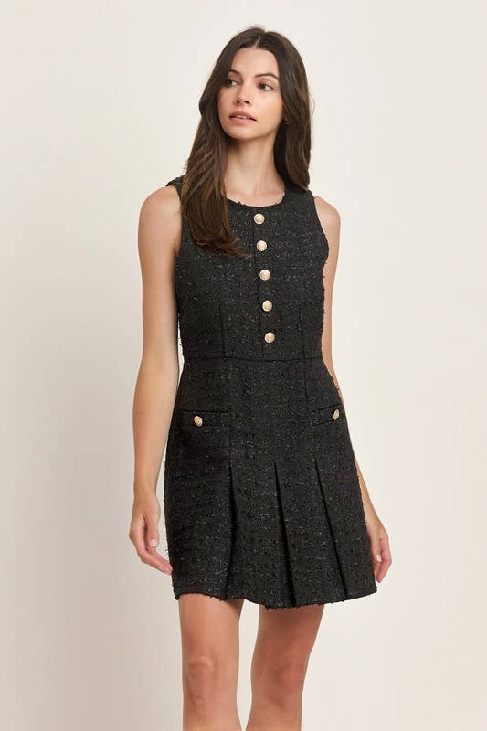 Black Sleeveless Tweed Pleated Mini Dress for wholesale on Faire6
