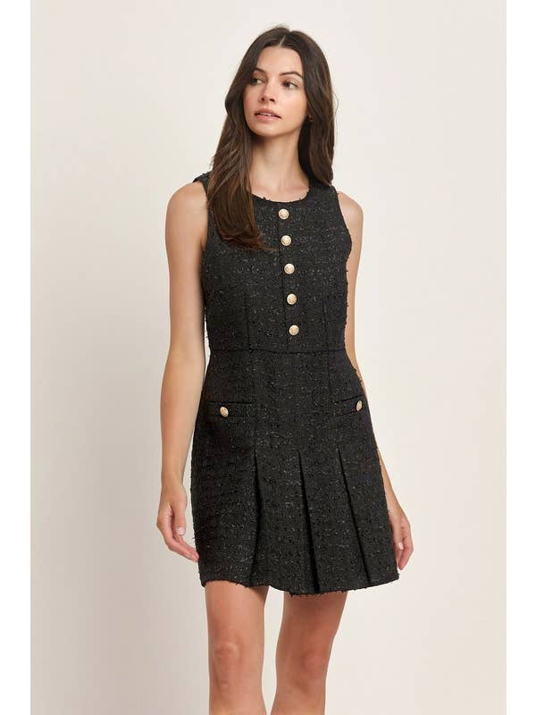 Black Sleeveless Tweed Pleated Mini Dress for wholesale on Faire6
