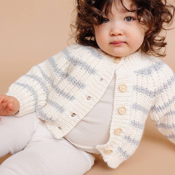 The Blueberry Hill - Wholesale Cardigan - Baby - Rib Knit Stripe Cardigan, Bowie Grey Baby Kid Sweater Basics