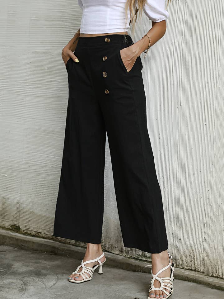 Solid Button Detail Wide Leg Pants for wholesale by HIDDENBRAND