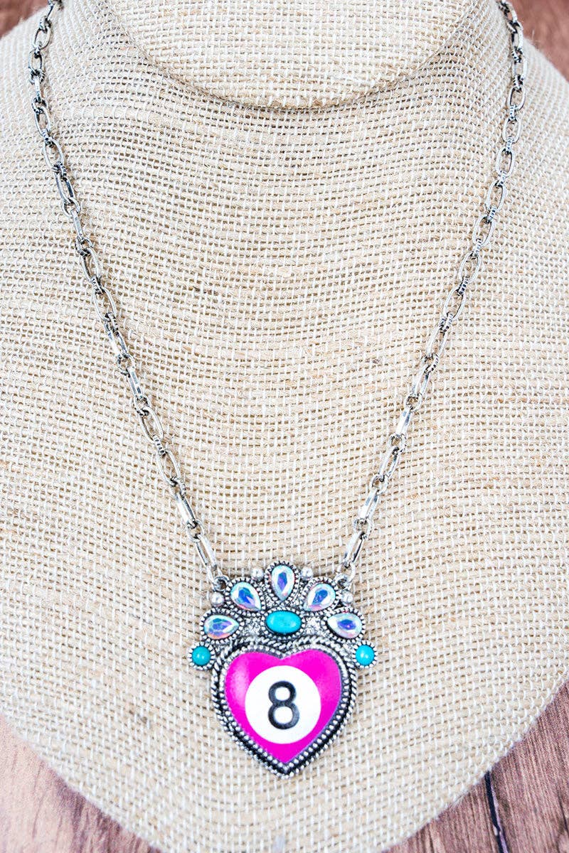 Wholesale Accessory Market - Wholesale Pendant/Charm Necklace - Rogue Shot Pink 8 Ball Heart Silvertone Necklace0