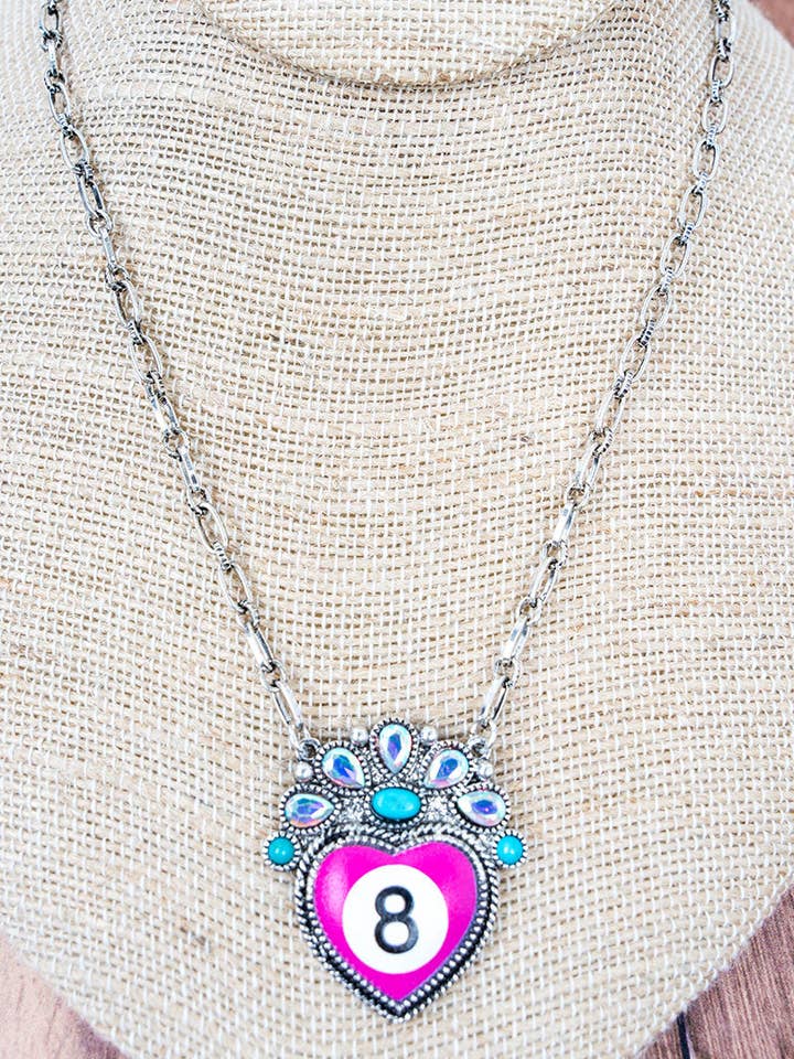 Rogue Shot Pink 8 Ball Heart Silvertone Necklace for wholesale by Wholesale Accessory Market