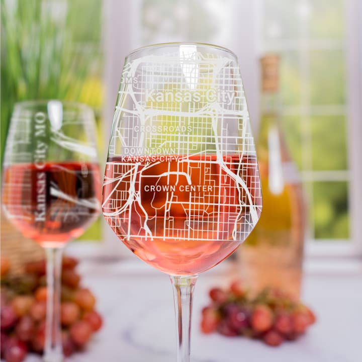 Kansas City MO - Street Map - Engraved Wine Glass for wholesale by Blue Ridge Mountain Gifts