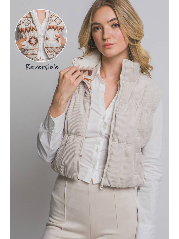 42POPS - Vendita all'ingrosso Gilè imbottito - Donna - ,...._ 0910 Gilet imbottito in velluto a coste reversibile con stampa azteca SI-2876213