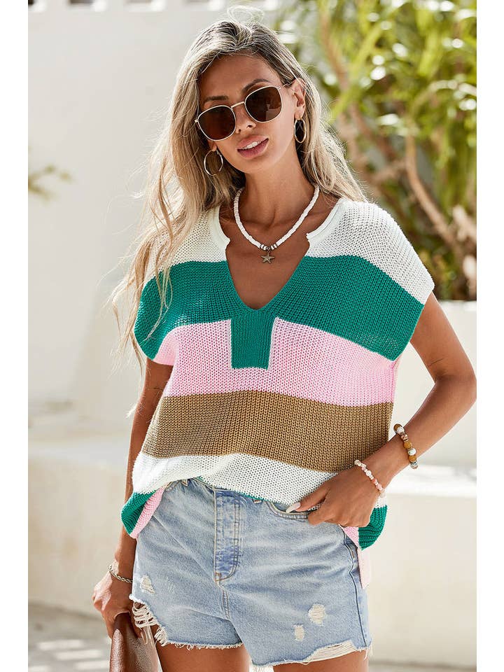 Little Daisy Closet - Wholesale Knit Sweater - Women's - LDC Color Block Notch V Neck Sweater T Shirt
