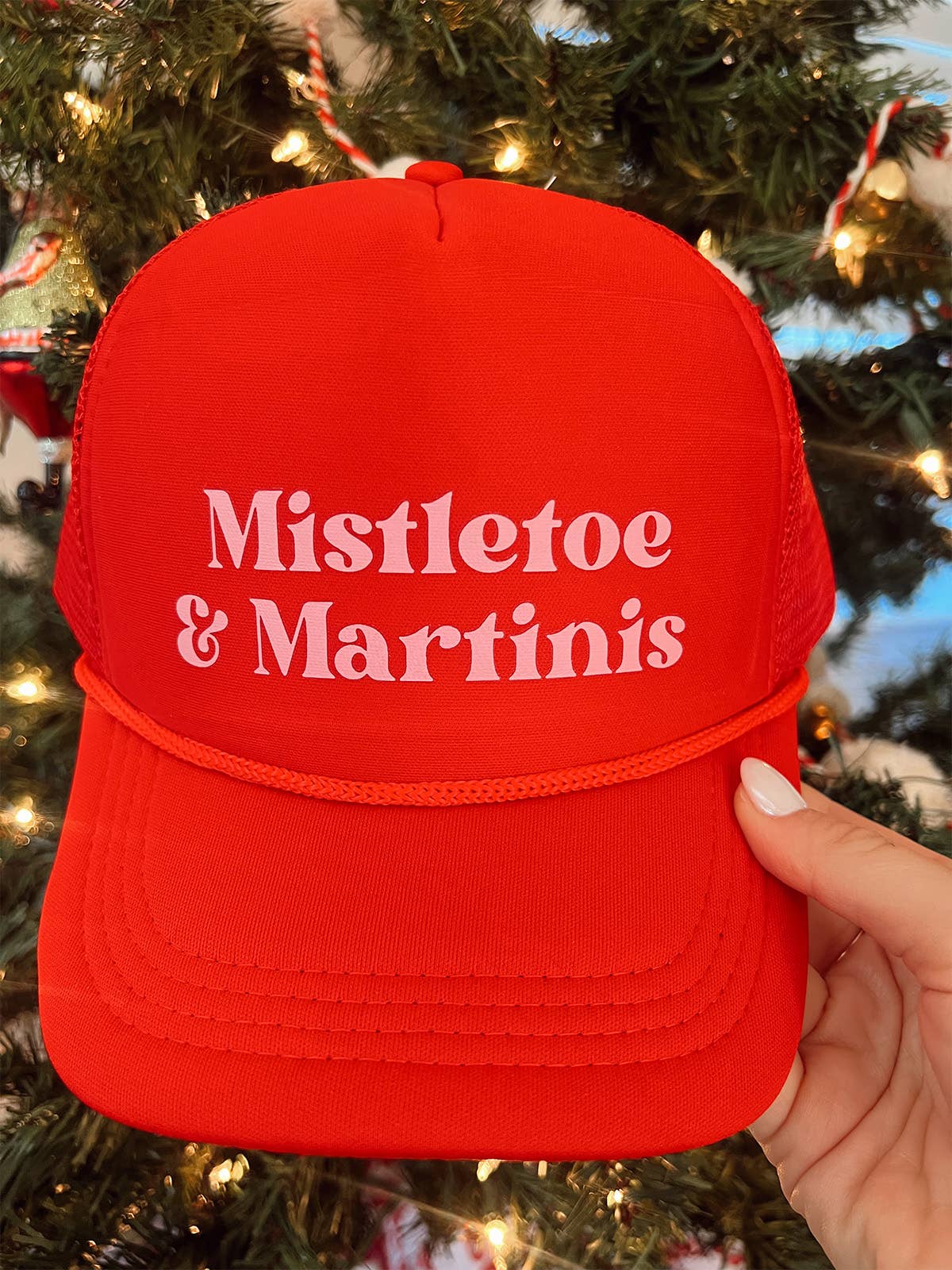 Maddon and Co - Wholesale Trucker Hat - Unisex - Mistletoe & Martinis Foam Trucker Hat - Red & Pink3