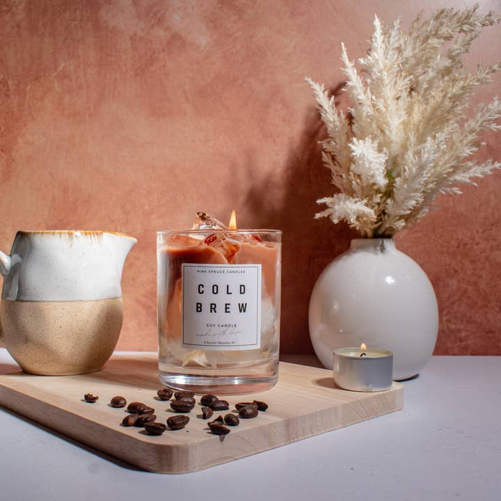 Pink Spruce - Wholesale Jar/Filled Candle - Handpoured Soy Wax Cold Brew Iced Coffee CandleÂ