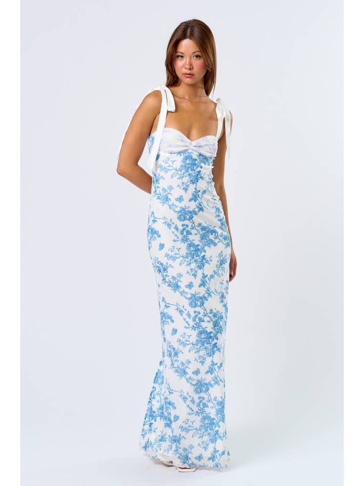Blue IBD32879-1 Floral Printed Maxi Dress with Shoulder Tie for wholesale on Faire