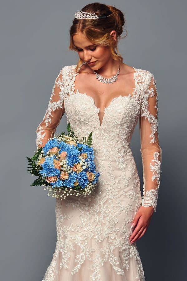 Babyfox Apparel - Vendita all'ingrosso Abito da sera - Donna - Abito da sposa a sirena con maniche lunghe trasparenti e scollo a cuore7