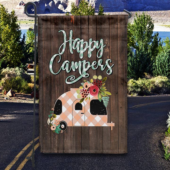 Garden Flag - Happy Campers Floral Trailer for wholesale by Boutique Monogram
