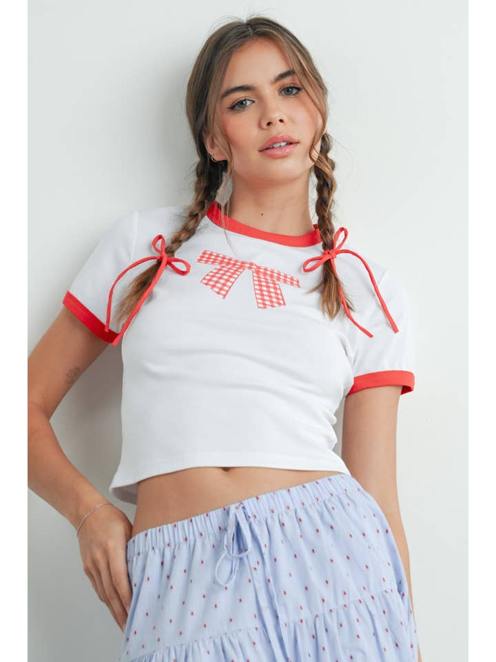 BUTTERMELON - Wholesale Screen Printed T-Shirt - Women's - Bow Print Crop Tee - BMT7649