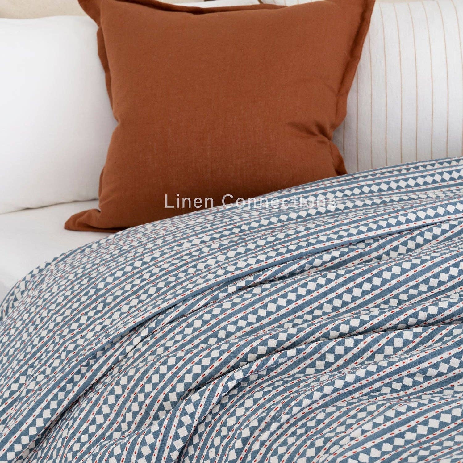 Glamthread - Wholesale Quilt - Linen Connections Indian Kantha Quilt - Blue Mist2