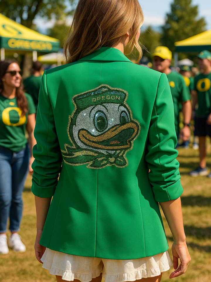 Blazer vert canard à manches froncées de l'Université de l'Oregon pour la vente par Moving Forward Designs