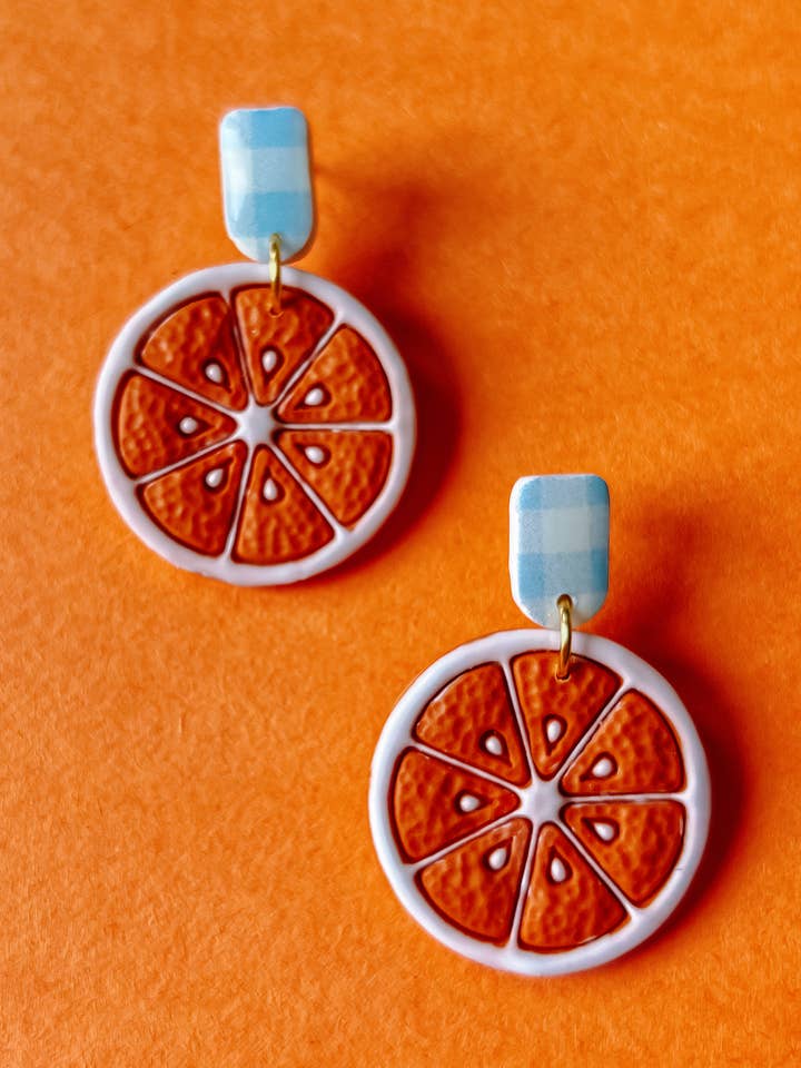 Gingham Orange Earrings | Fruit Polymer Clay Earrings for wholesale by Noelle Earrings