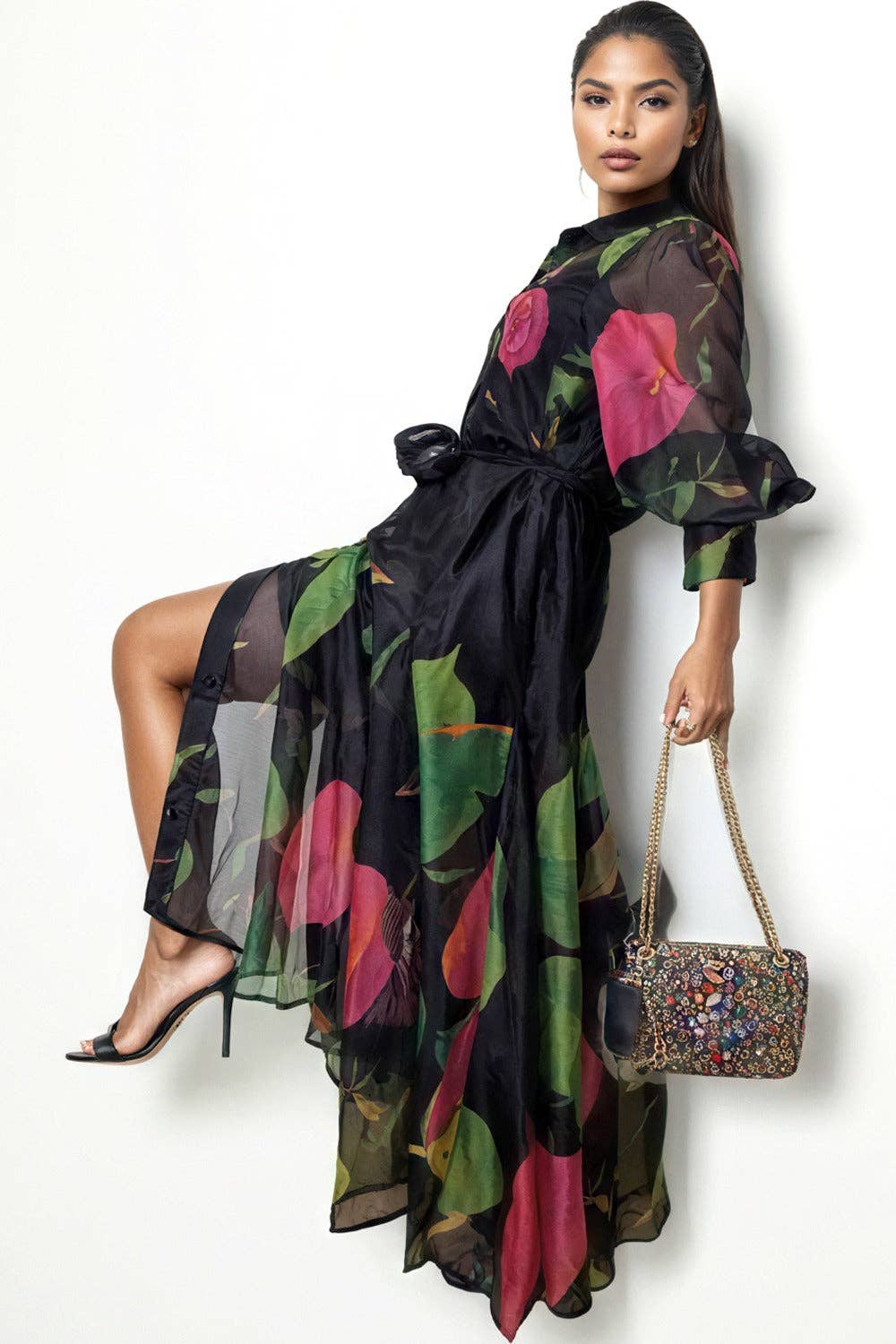 BLACK C3508 FLARE BUTTON DOWN DRESS for wholesale on Faire