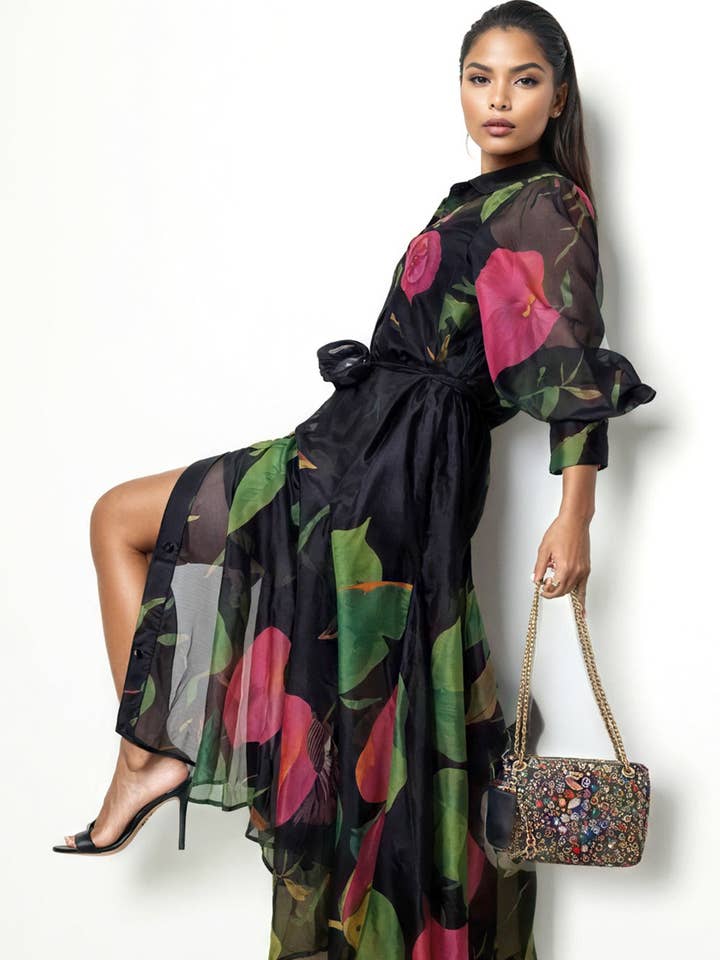 BLACK C3508 FLARE BUTTON DOWN DRESS for wholesale on Faire0