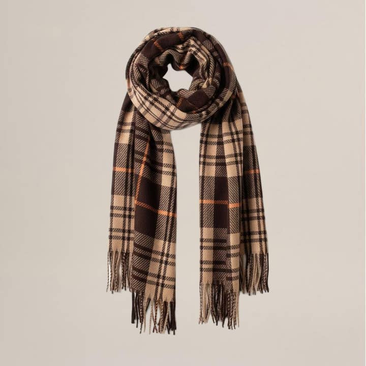 Chic Mocha Plaid Fringe Shawl for wholesale by Zazthetics